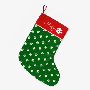 Festive Dog Paw Print  Custom Name Small Christmas Stocking