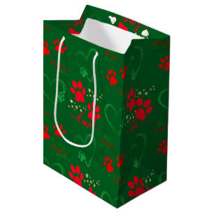 Festive DOG PAW PRINTS and LOVE HEARTS Christmas Medium Gift Bag