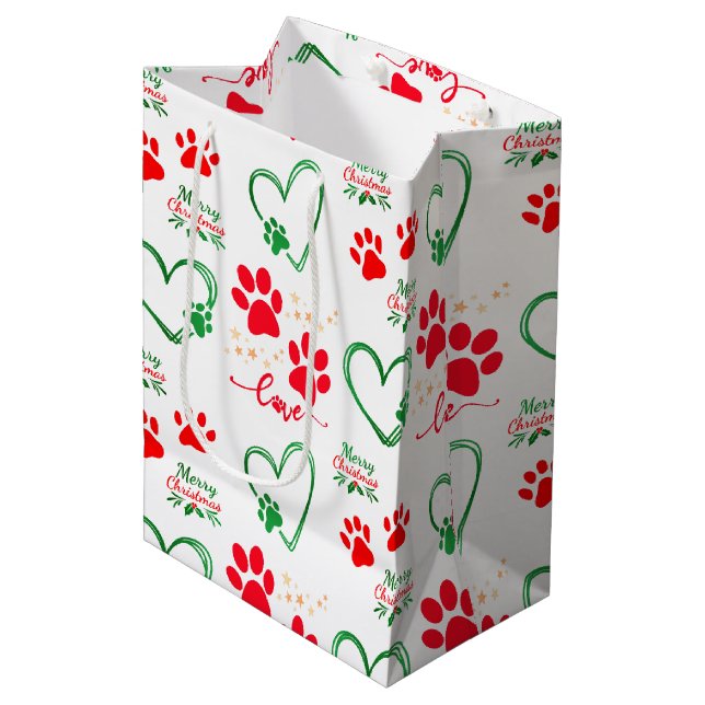Festive DOG PAW PRINTS and LOVE HEARTS Christmas Medium Gift Bag (Front Angled)