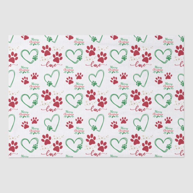 Festive DOG PAW PRINTS and LOVE HEARTS Christmas Tissue Paper (Front)