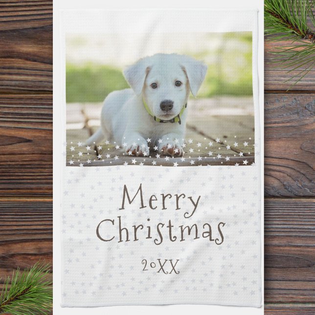 Festive Dog Pet Photo Stars Merry Christmas Tea Towel (Creator Uploaded)