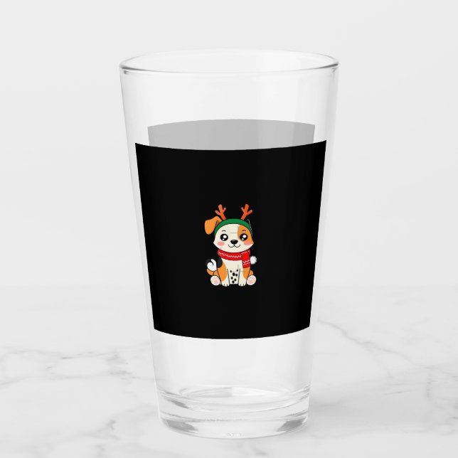 Festive Dog with Reindeer Antlers � Cute Christmas Glass (Front)