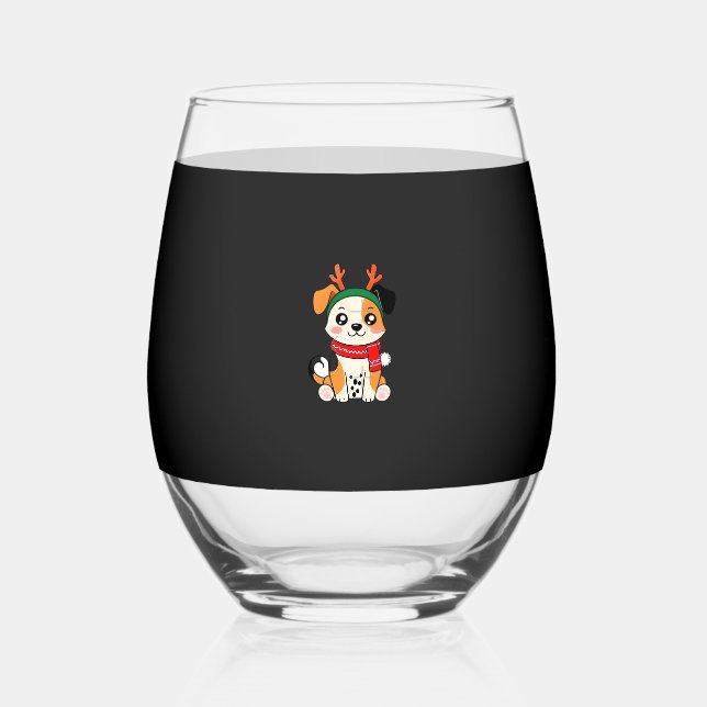Festive Dog with Reindeer Antlers � Cute Christmas Stemless Wine Glass (Front)