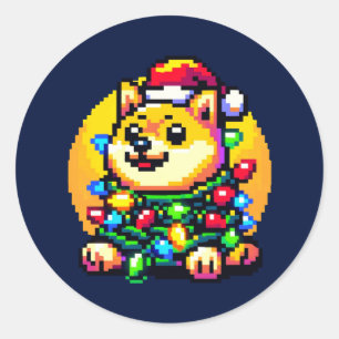 Festive Dogecoin: 8-Bit Light-Up Crypto Classic Round Sticker