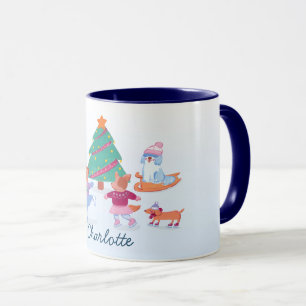 Festive Dogs Ice Skating Baby Blue Christmas Mug