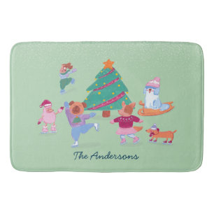 Festive Dogs Ice Skating Light Green Christmas Bath Mat