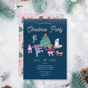 Festive Dogs Ice Skating Navy Blue Christmas Party Invitation