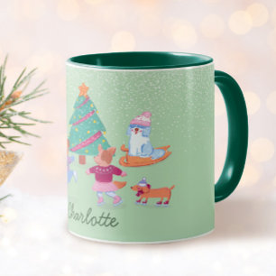 Festive Dogs Ice Skating Pistachio Green Christmas Mug
