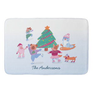 Festive Dogs Ice Skating Soft light Blue Christmas Bath Mat