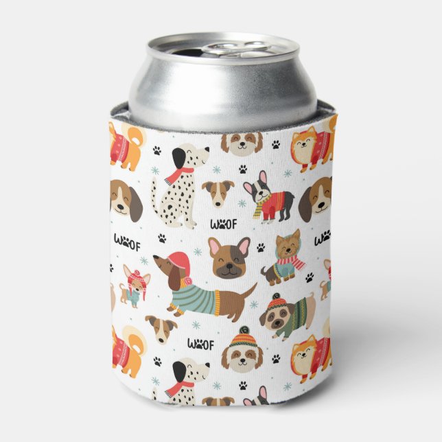 Festive Dogs in Holiday Sweaters Pattern Can Cooler (Can Front)