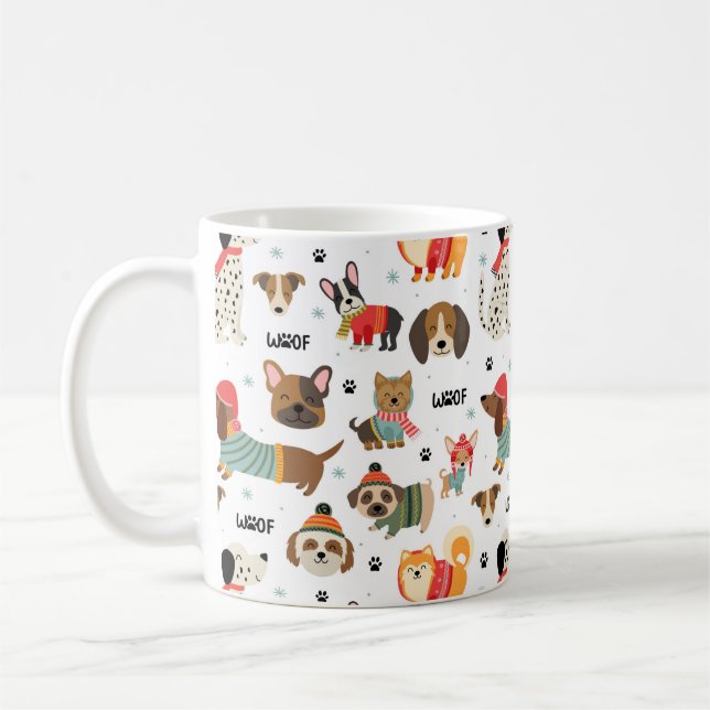 Festive Dogs in Holiday Sweaters Pattern Coffee Mug (Left)