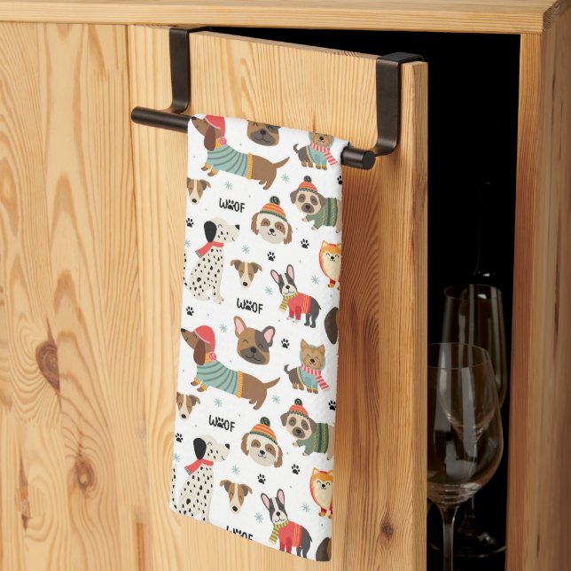Festive Dogs in Holiday Sweaters Pattern Tea Towel (Thirds Fold)