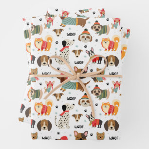 Festive Dogs in Holiday Sweaters Pattern Wrapping Paper Sheet