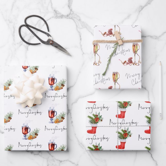 Festive Drinks Stocking Merry Christmas Script Wrapping Paper Sheet (Front)