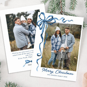 Festive Dusty Blue Christmas Bow Ribbon 2 Photo Holiday Card