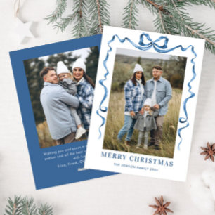 Festive Dusty Blue Christmas Bow Ribbon 2 Photo Holiday Card