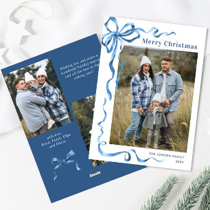 Festive Dusty Blue Christmas Bow Ribbon 3 Photo Holiday Card