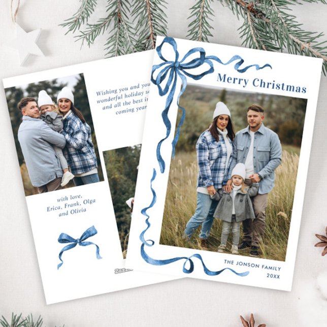 Festive Dusty Blue Christmas Bow Ribbon 3 Photo Holiday Card (Creator Uploaded)