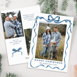 Festive Dusty Blue Christmas Bow Ribbon 3 Photo Holiday Card