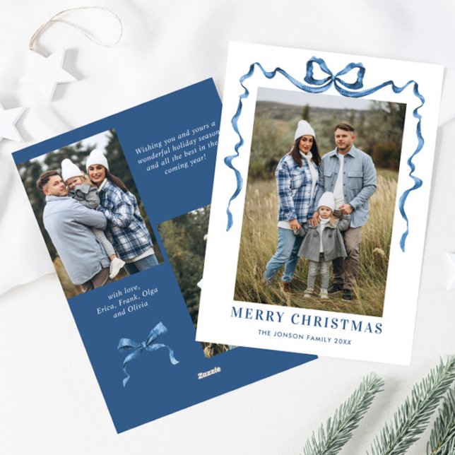 Festive Dusty Blue Christmas Bow Ribbon 3 Photo Holiday Card (Creator Uploaded)