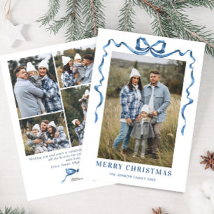 Festive Dusty Blue Christmas Bow Ribbon 5 Photo Holiday Card