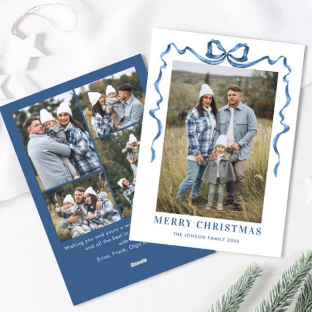Festive Dusty Blue Christmas Bow Ribbon 5 Photo Holiday Card (Creator Uploaded)