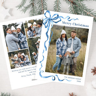 Festive Dusty Blue Christmas Bow Ribbon 5 Photo Holiday Card
