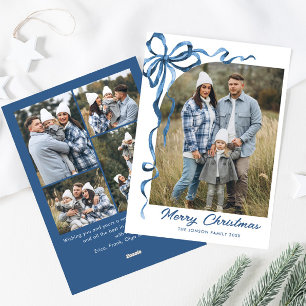 Festive Dusty Blue Christmas Bow Ribbon 5 Photo Holiday Card