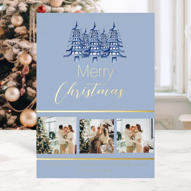 Festive Dusty Blue Christmas Pagoda Tree  Foil Holiday Card (Festive Dusty Blue Christmas Pagoda Tree Foil Holiday Card)