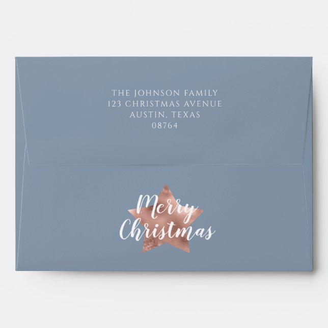 Festive Dusty Blue Rose Gold Star Christmas Envelope (Back (Top Flap))