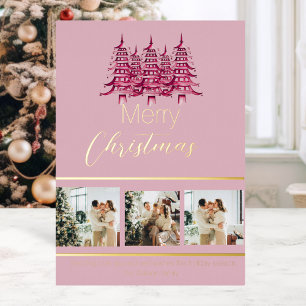 Festive Dusty pink red Christmas Pagoda Tree Foil Holiday Card