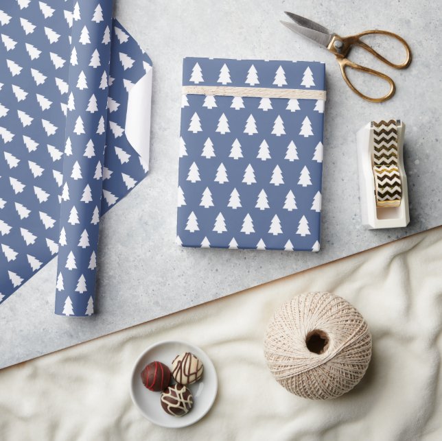 Festive Dutch Blue White Christmas Tree pattern Wrapping Paper (Crafts)