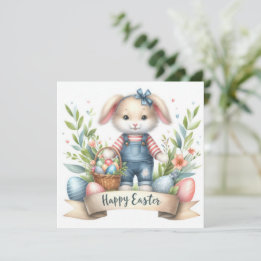 Festive Easter Basket Bunny Overalls Illustration  Holiday Card