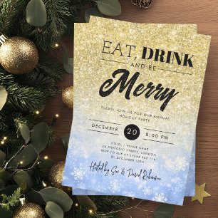 Festive Eat & Drink Gold Navy Holiday Christmas Invitation
