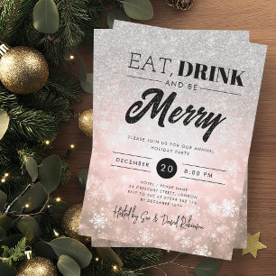 Festive Eat & Drink Silver Rose Gold Holiday Xmas  Invitation