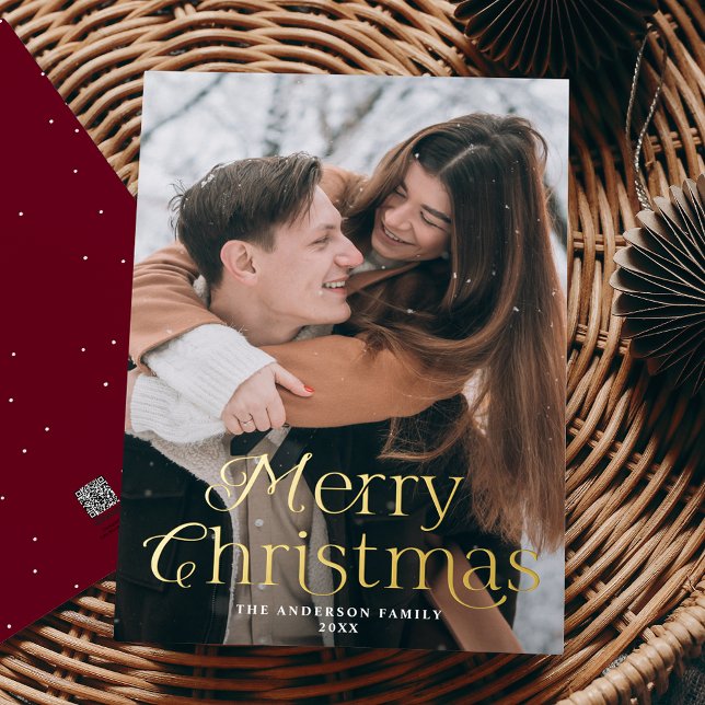 Festive Elegance Merry Christmas Burgundy Photo Foil Holiday Card (Creator Uploaded)