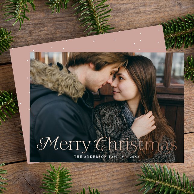 Festive Elegance Merry Christmas Dusty Rose Photo Foil Holiday Card (Creator Uploaded)