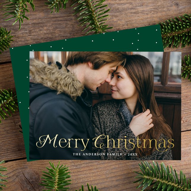 Festive Elegance Merry Christmas Green Photo Foil Holiday Card (Creator Uploaded)