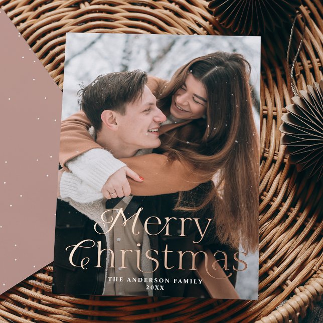 Festive Elegance Merry Christmas Photo Rose Gold Foil Holiday Card (Creator Uploaded)