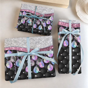 Festive Elegant Black Faux Glitter Balloons Wrapping Paper Sheet