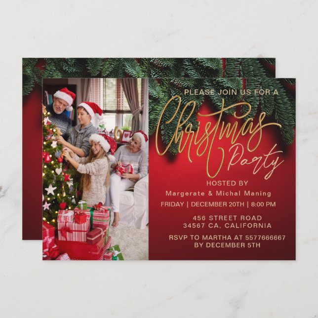 Festive Elegant Christmas PARTY Red photo Invitation (Front/Back)