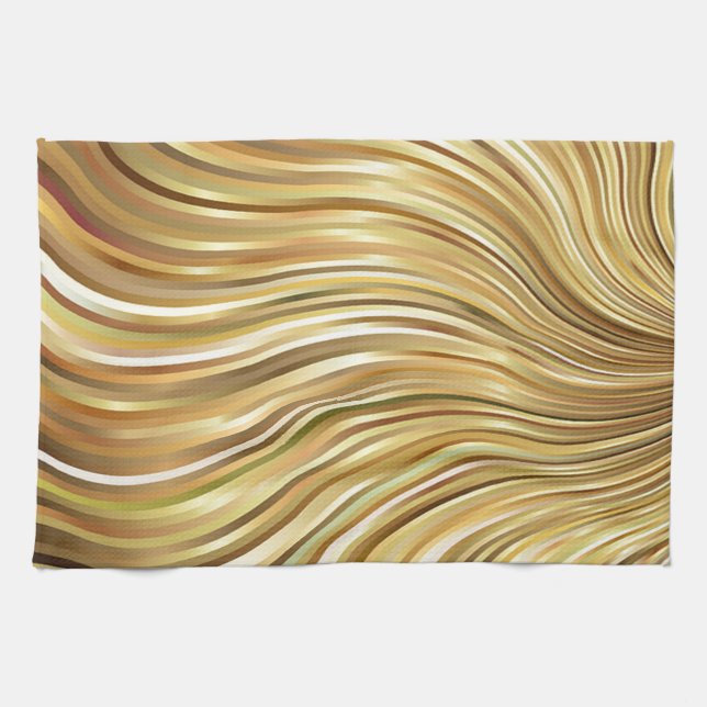 Festive Elegant  Gold Abstract Flowing Stripes Tea Towel (Horizontal)