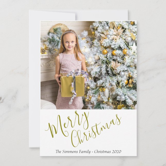 Festive Elegant Gold Script Merry Christmas Photo Holiday Card (Front)