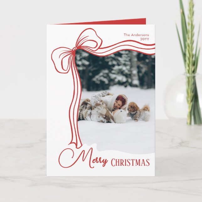 Festive Elegant Hand Drawn Red White Bow Christmas Holiday Card (Front)