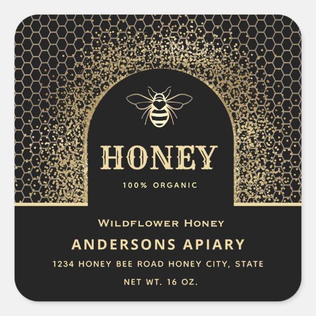 Festive elegant Modern gold honey bee honey jar Square Sticker (Front)