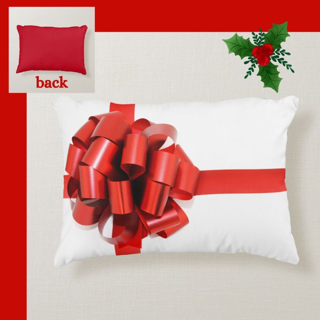 Festive Elegant Red Christmas Bow on White Glam Decorative Cushion (A festive red bow pillow to adorn your home at the holidays!)
