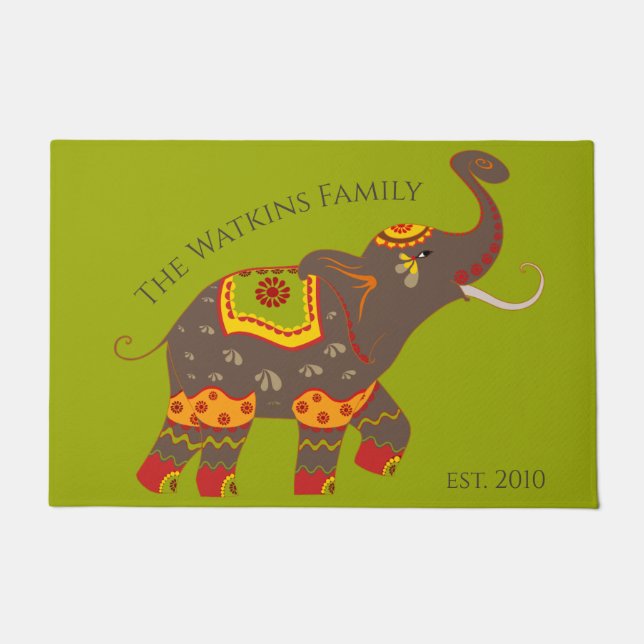 Festive Elephant Family Name Establish Doormat (Front)