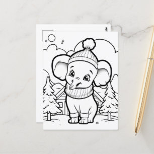 Festive elephant kids colouring postcard