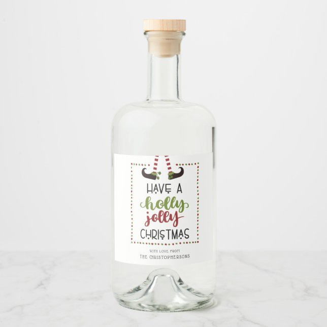 Festive Elf Holly Jolly Christmas Liquor Bottle Label (Front)