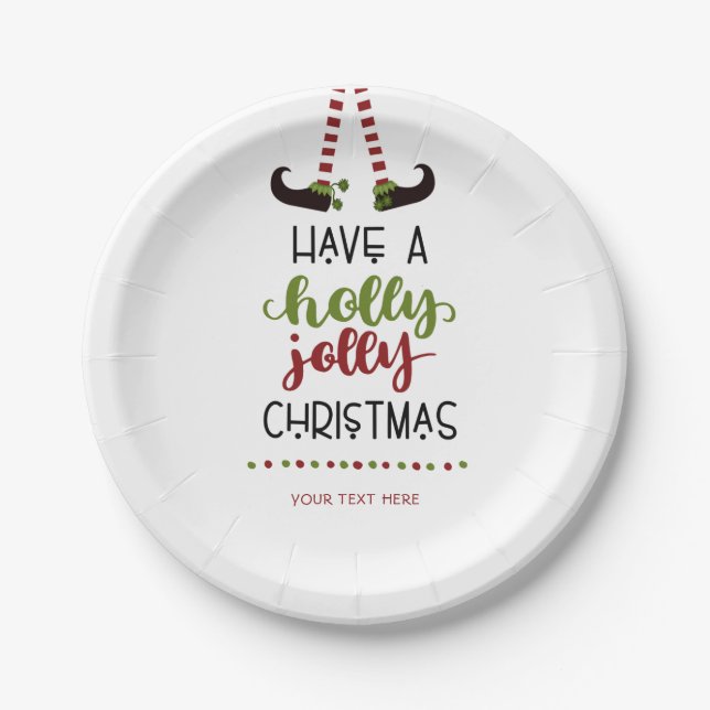 Festive Elf Holly Jolly Christmas Personalised Paper Plate (Front)
